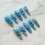 Full set 10 blue 3D rose gold filigree stiletto custom press-on nails on marble — LuxepressCo