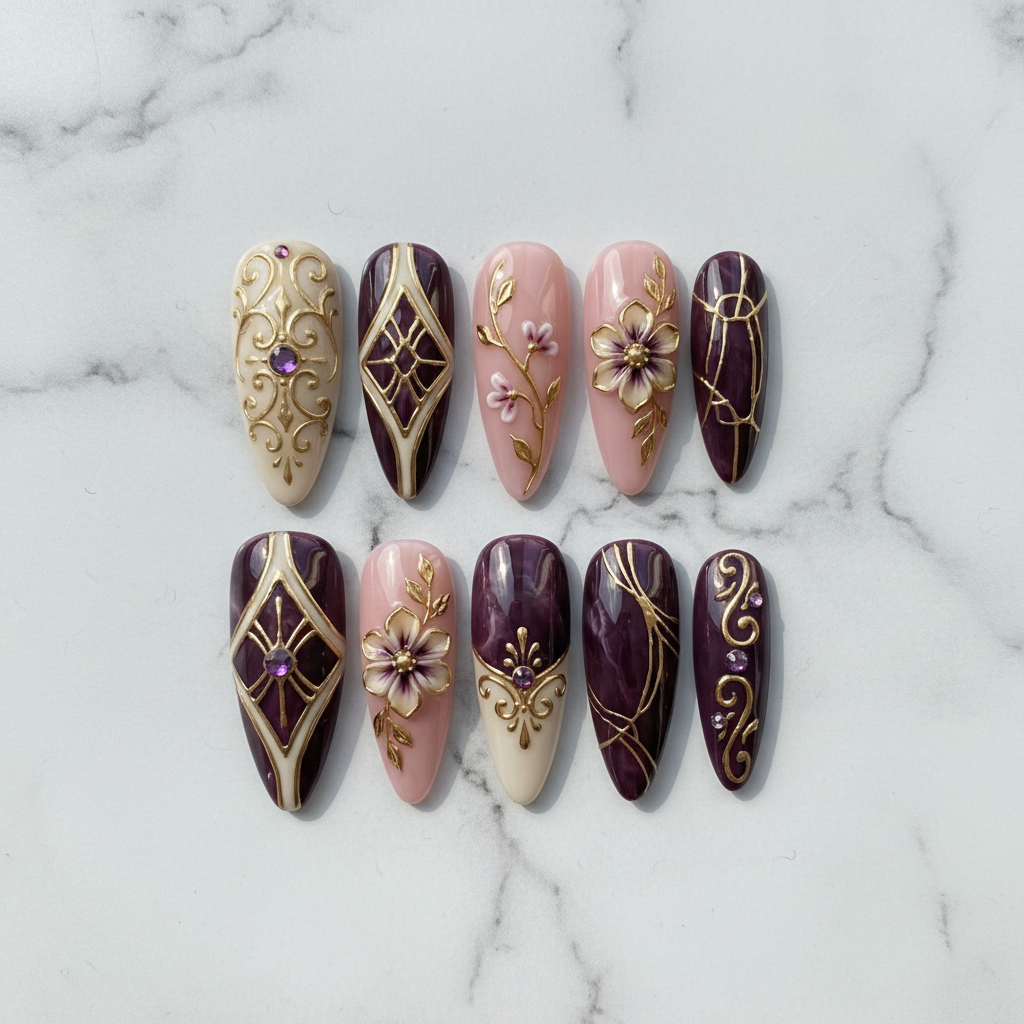 Flat lay overhead view full set purple gold baroque 3D floral custom press-on nails white marble — LuxepressCo
