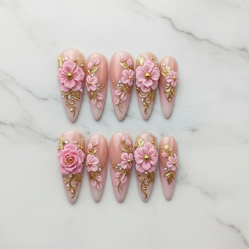 Flat lay top-down full set 10 pink 3D floral gold custom press-on nails white marble — LuxepressCo