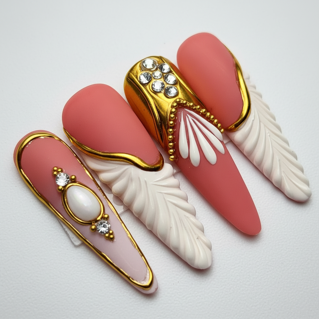 Macro close-up gold liquid metal frame 3D white angel wing crystal rhinestone pearl custom press-on nails coral — LuxepressCo