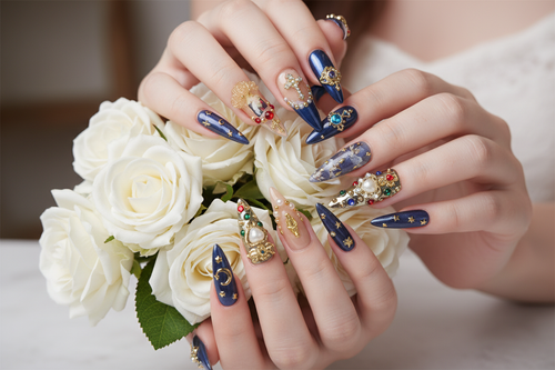 Fair-skin hands wearing baroque angel cross gold gem custom press-on nails holding white roses — LuxepressCo
