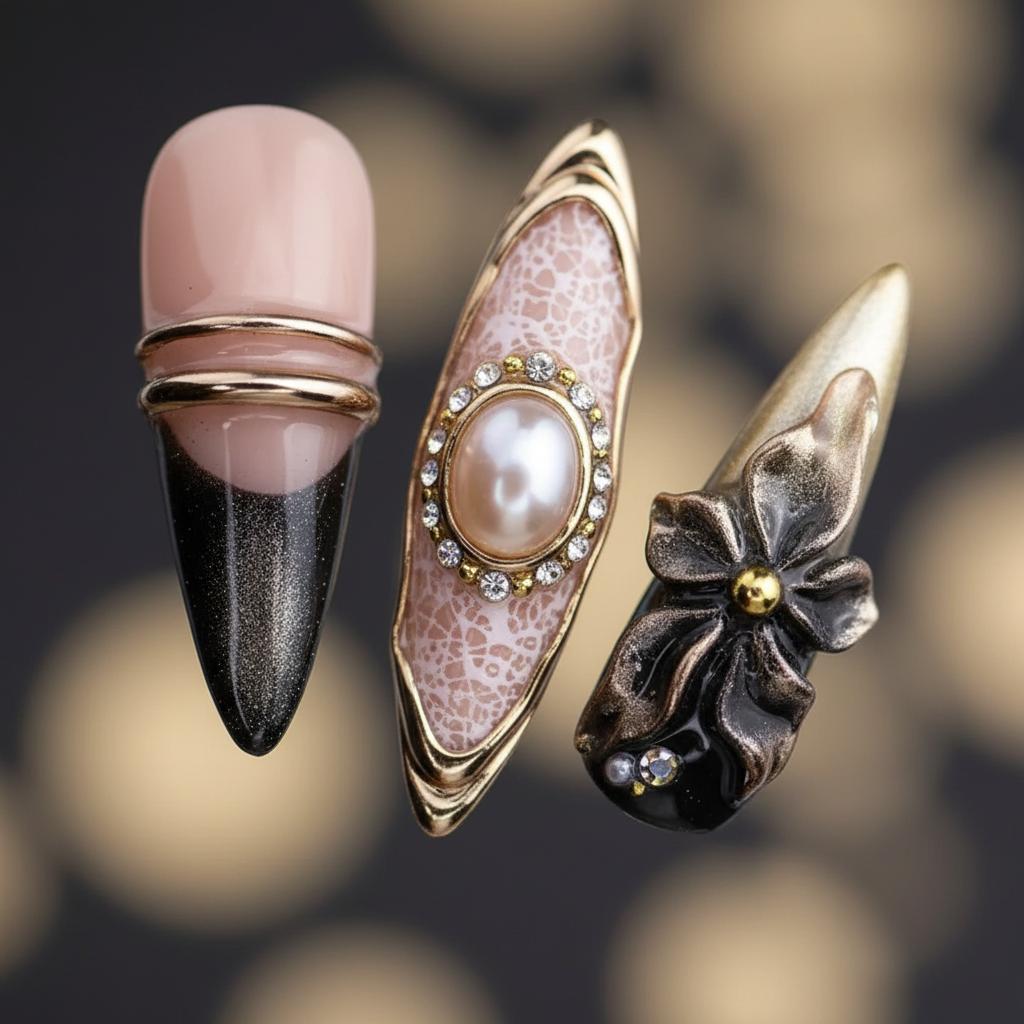 Macro close-up 3D dark flower gold ring band black chrome ombre pearl cabochon salon-quality press-on nails — LuxepressCo