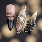 Macro close-up 3D dark flower gold ring band black chrome ombre pearl cabochon salon-quality press-on nails — LuxepressCo
