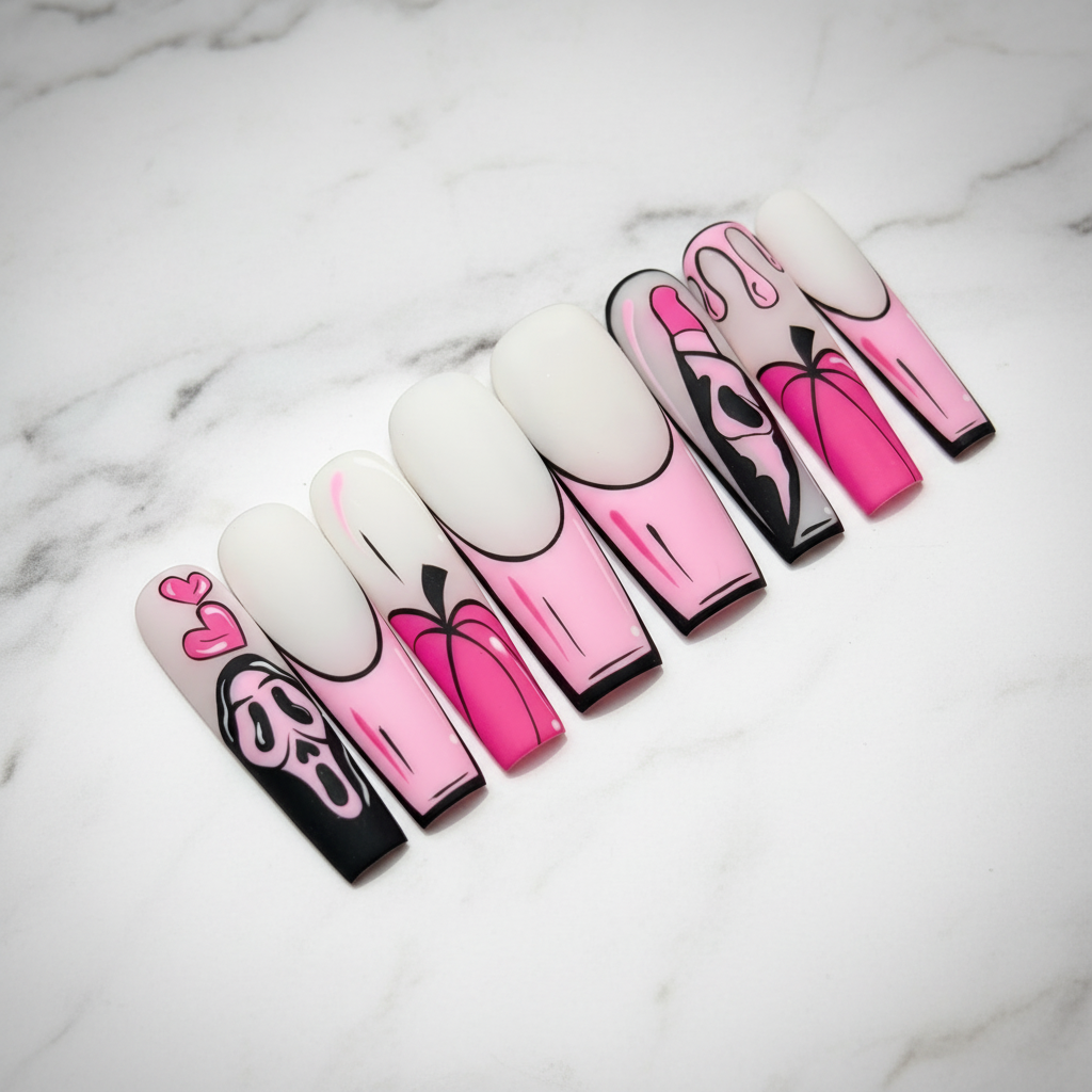 Scream ghost face horror coquette hot pink ombre lipstick art custom press-on nails coffin full set on marble — LuxepressCo