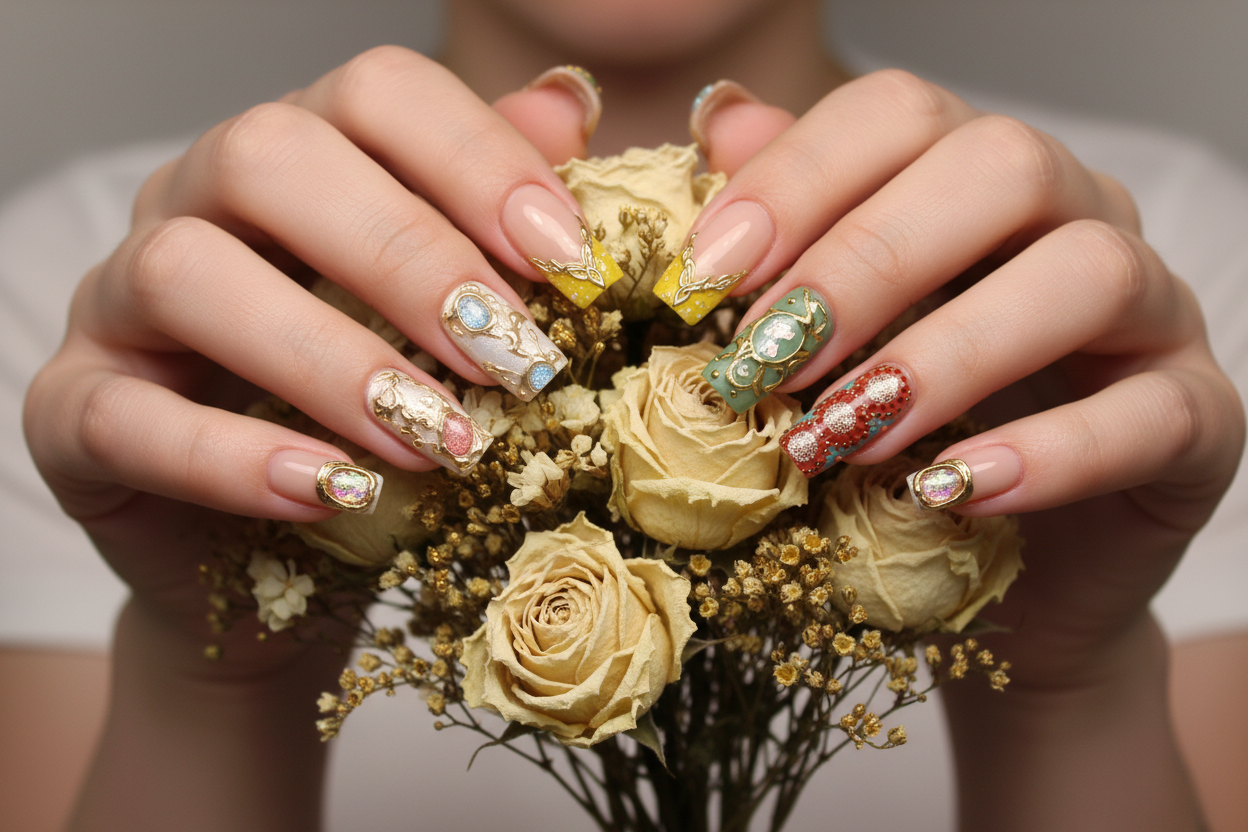 Light skin hands holding dried flower bouquet wearing baroque gold vine gemstone custom press-on nails — LuxepressCo