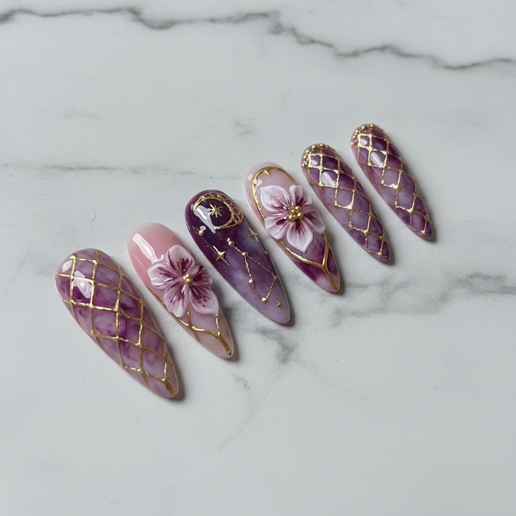 Full set 10 purple celestial floral custom press-on nails on white marble background — LuxepressCo