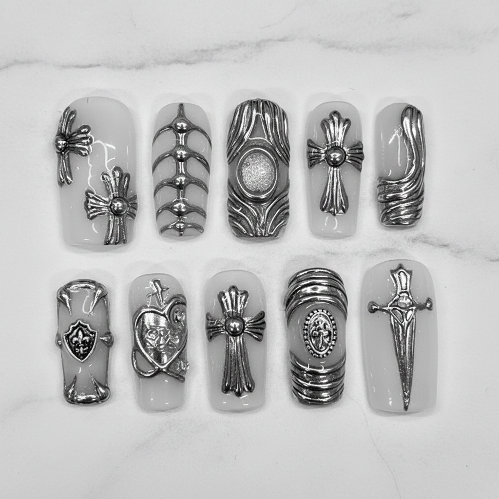 Gothic silver chrome 3D cross skull dagger ribcage hardware custom press-on nails square frosted on marble — LuxepressCo