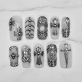 Gothic silver chrome 3D cross skull dagger ribcage hardware custom press-on nails square frosted on marble — LuxepressCo