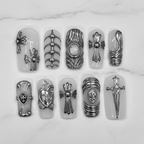 Gothic silver chrome 3D cross skull dagger ribcage hardware custom press-on nails square frosted on marble — LuxepressCo