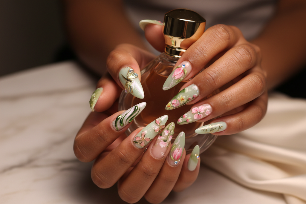Dark-skin hands wearing sage green aurora dragonfly stiletto gold botanical custom press-on nails holding perfume — LuxepressCo