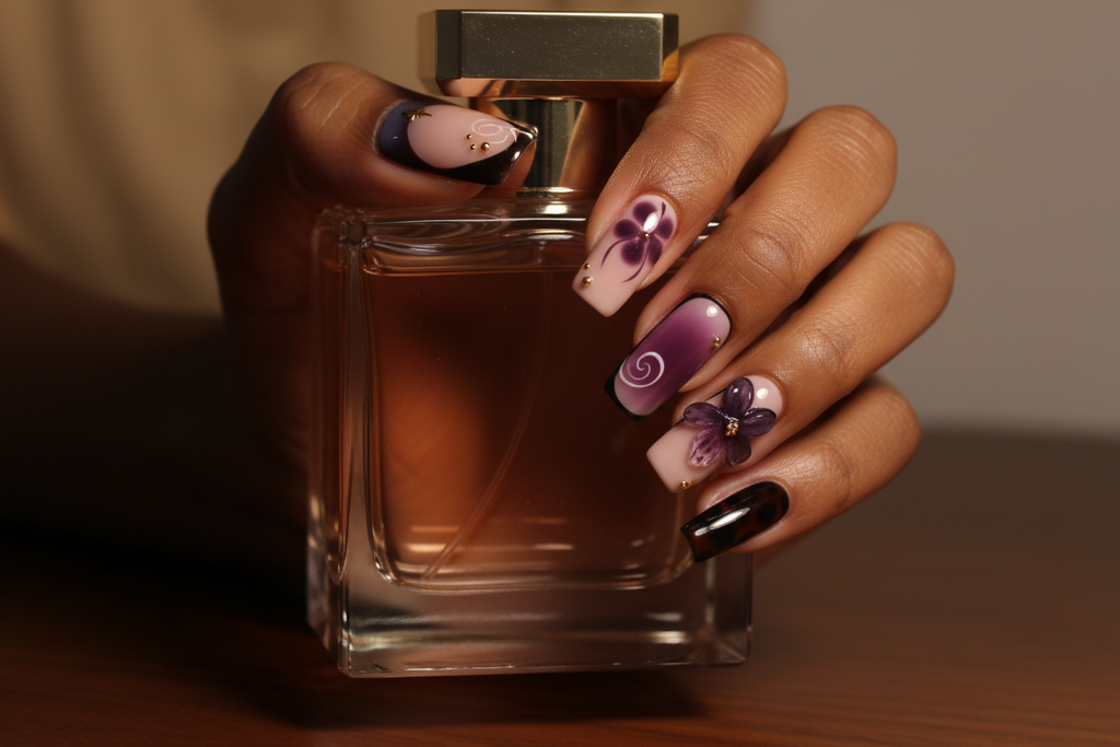 Dark-skin hands wearing purple ombre bow violet flower gold star custom press-on nails holding perfume — LuxepressCo