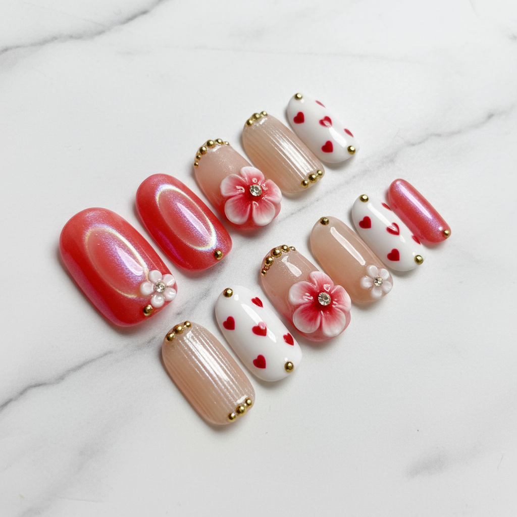 Full set red jelly floral heart press-on nails on white marble studio light custom press-on nails — LuxepressCo