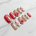 Full set red jelly floral heart press-on nails on white marble studio light custom press-on nails — LuxepressCo