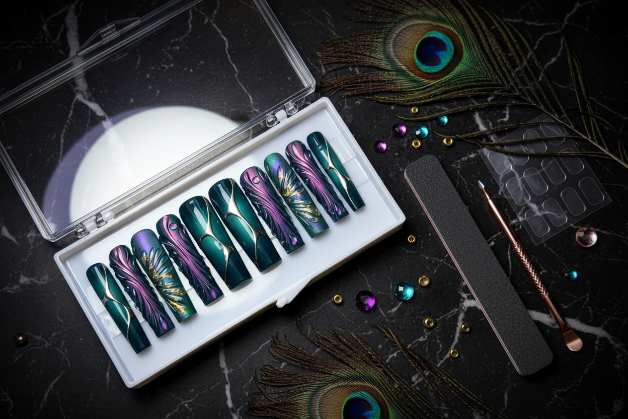 Luxury unboxing acrylic box teal chrome aurora 3D feather gold foil press-on nails with accessories — LuxepressCo