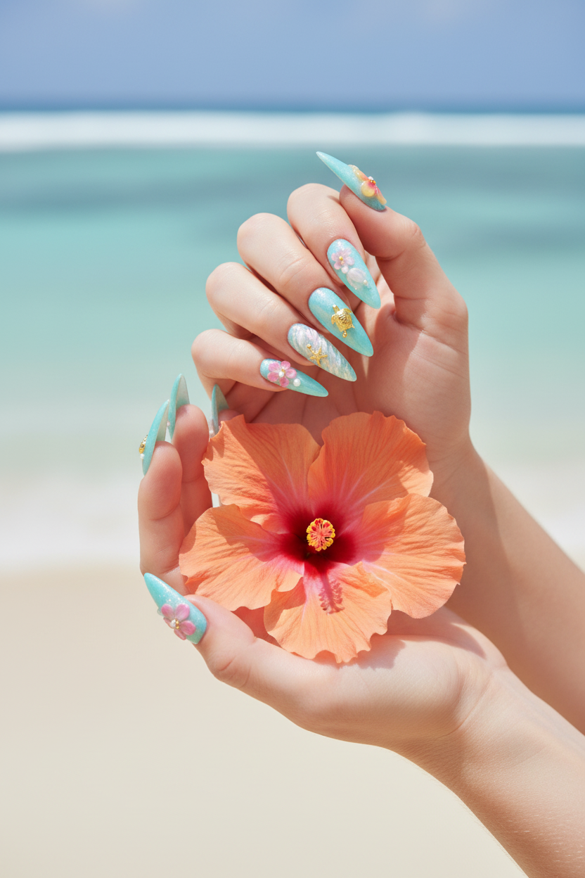 Light-skin hands holding tropical hibiscus wearing pastel ocean pearl 3D floral sea charm custom press-on nails — LuxepressCo