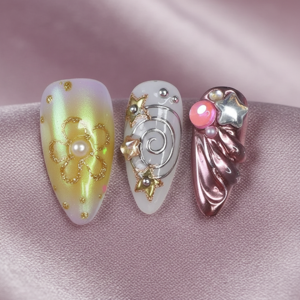 Macro close-up Y2K silver spiral star charm pearl 3D rose aurora custom press-on nails — LuxepressCo
