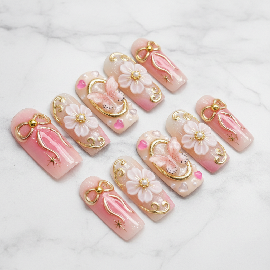 Full set 10 pink gold 3D bow butterfly floral custom press-on nails on marble background — LuxepressCo