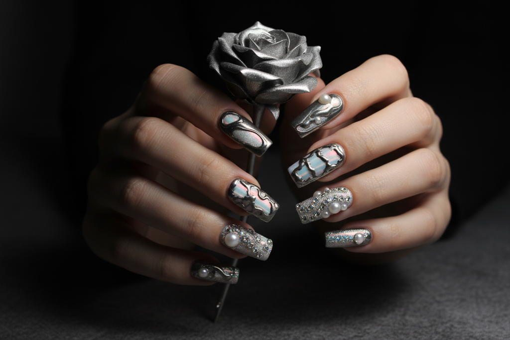 Fair-skin hands wearing silver chrome aurora custom press-on nails holding silver metallic rose — LuxepressCo