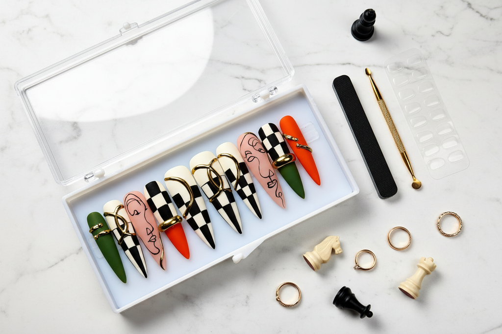 Luxury unboxing acrylic box checkerboard abstract face gold charm press-on nails with accessories — LuxepressCo