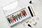 Luxury unboxing acrylic box checkerboard abstract face gold charm press-on nails with accessories — LuxepressCo