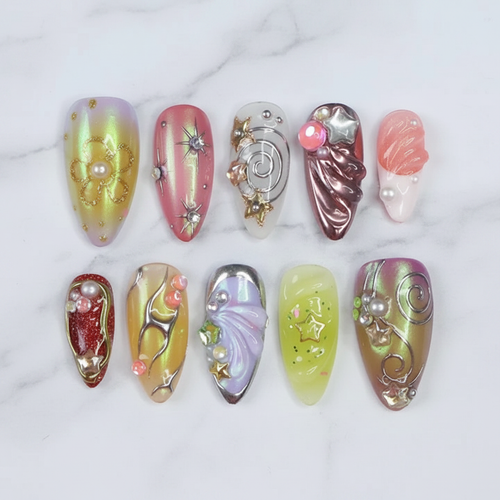 3D holographic celestial press-on nails full set on white marble — LuxepressCo