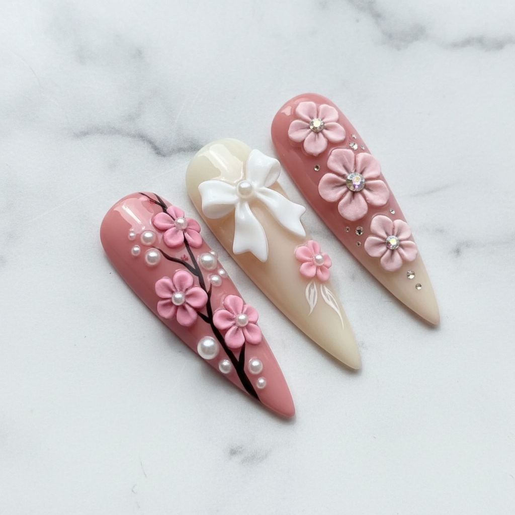Macro white lace corset pattern pearl beads cherry blossom branch 3D pink flowers stiletto reusable nails marble — LuxepressCo