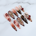 Dark cherry tortoiseshell stiletto 3D gold flower red cherry charm custom press-on nails full set on white marble — LuxepressCo
