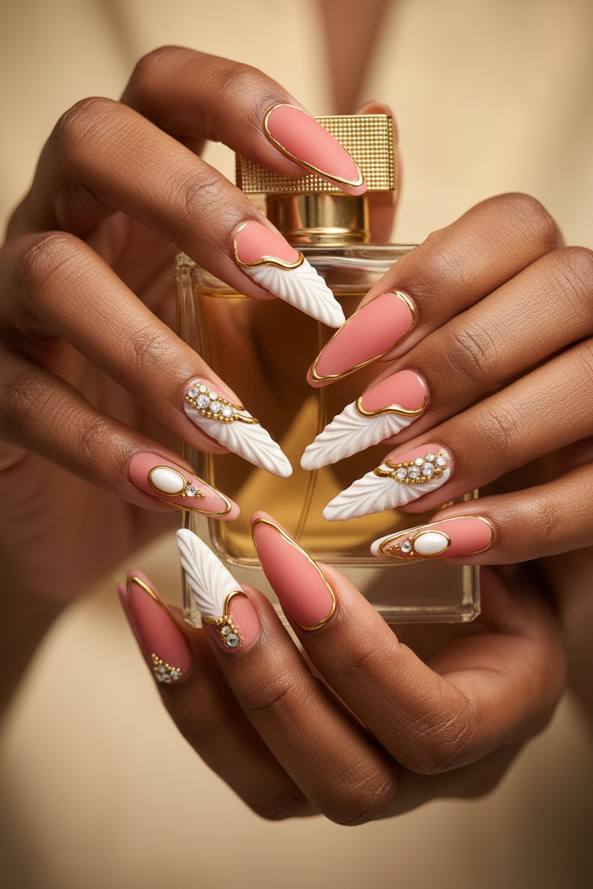 Dark-skin lifestyle terracotta coral 3D angel wing gold frame custom press-on nails holding gold perfume — LuxepressCo