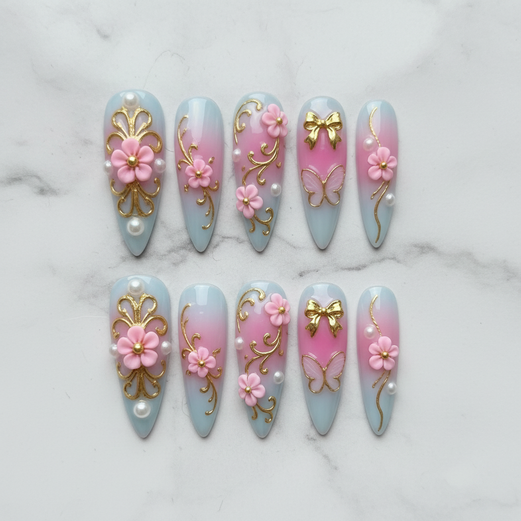 Flat lay top-down full set 10 luxury stiletto press-on nails pink gold floral pearl — LuxepressCo