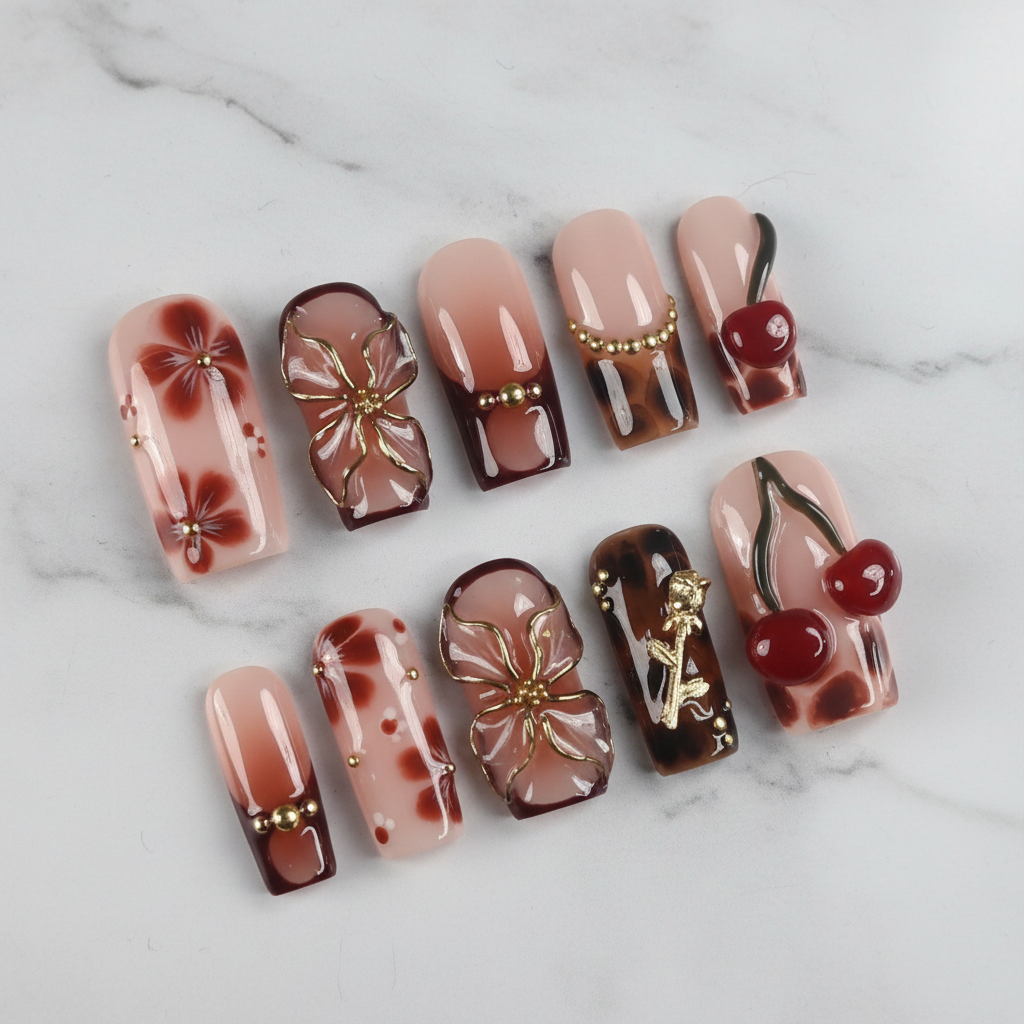 Full set 10 burgundy hibiscus floral 3D gold flower cherry square custom press-on nails on marble — LuxepressCo