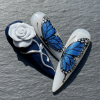 3D white rose silver stem blue glitter butterfly rhinestone macro custom press-on nails — LuxepressCo