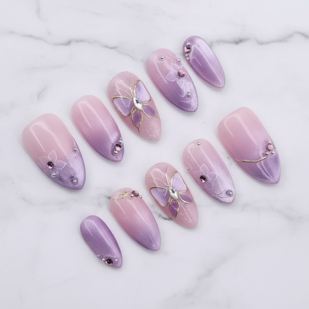 Purple butterfly aurora ombre custom press-on nails lavender dream blush pink deep purple full set flat lay — LuxepressCo