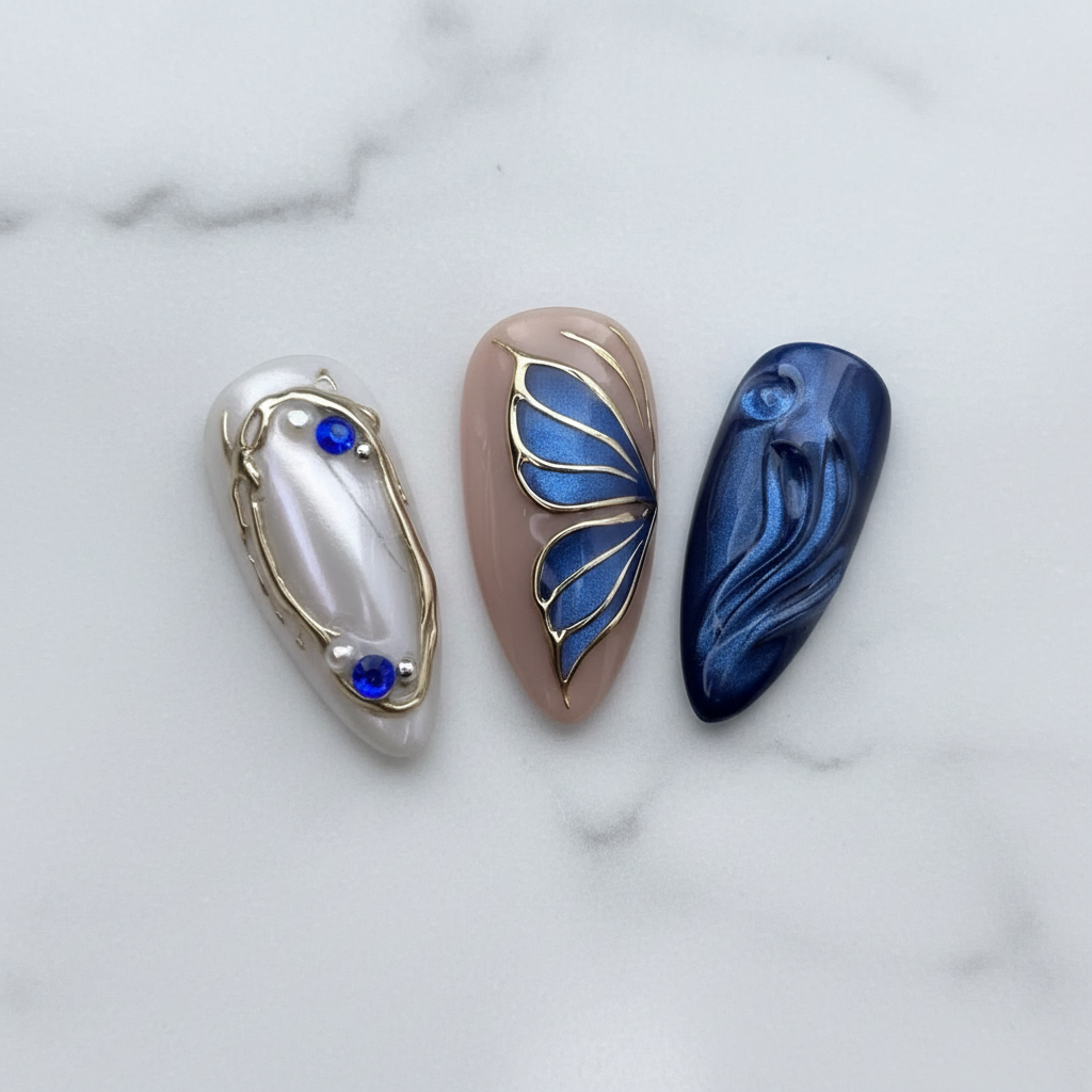 Macro blue butterfly wing gold vein pearl gem cat-eye reusable nails marble background — LuxepressCo