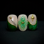Macro close-up emerald green marble gold foil 3D flower reusable salon-quality press-on nails — LuxepressCo