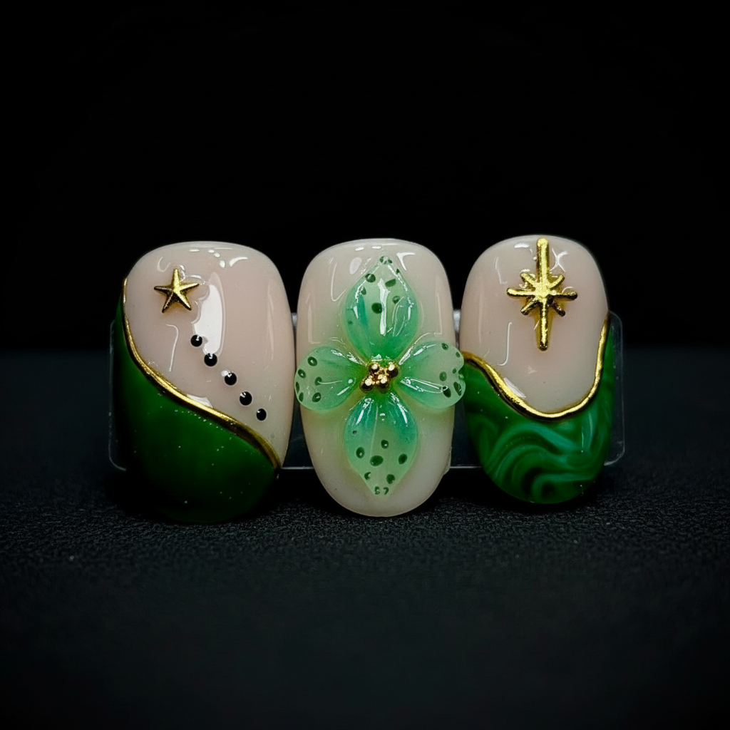 Macro close-up emerald green marble gold foil 3D flower reusable salon-quality press-on nails — LuxepressCo