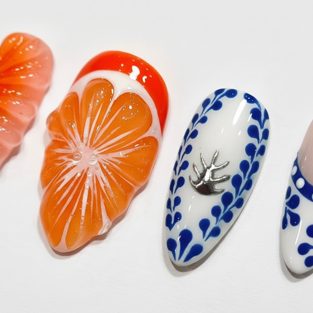 Macro close-up citrus orange slice blue delft folk art silver crab charm custom press-on nails — LuxepressCo