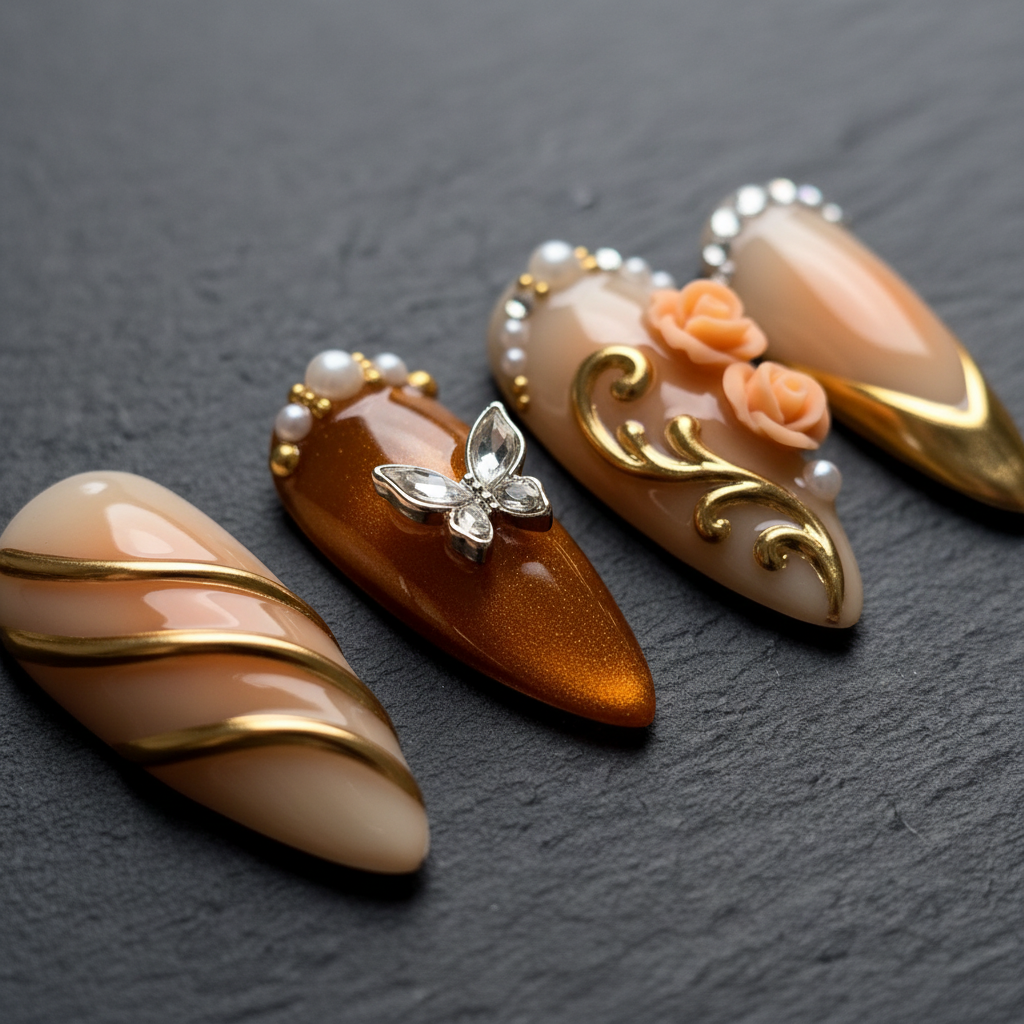 Macro close-up amber cognac butterfly crystal rhinestone custom press-on nails dramatic lighting — LuxepressCo