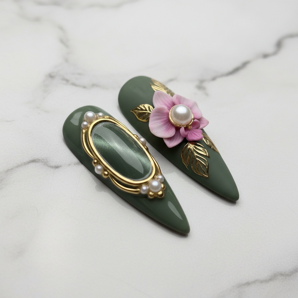 3D pink orchid pearl center gold leaf vine marble custom press-on nails sage green macro marble — LuxepressCo