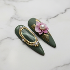 3D pink orchid pearl center gold leaf vine marble custom press-on nails sage green macro marble — LuxepressCo