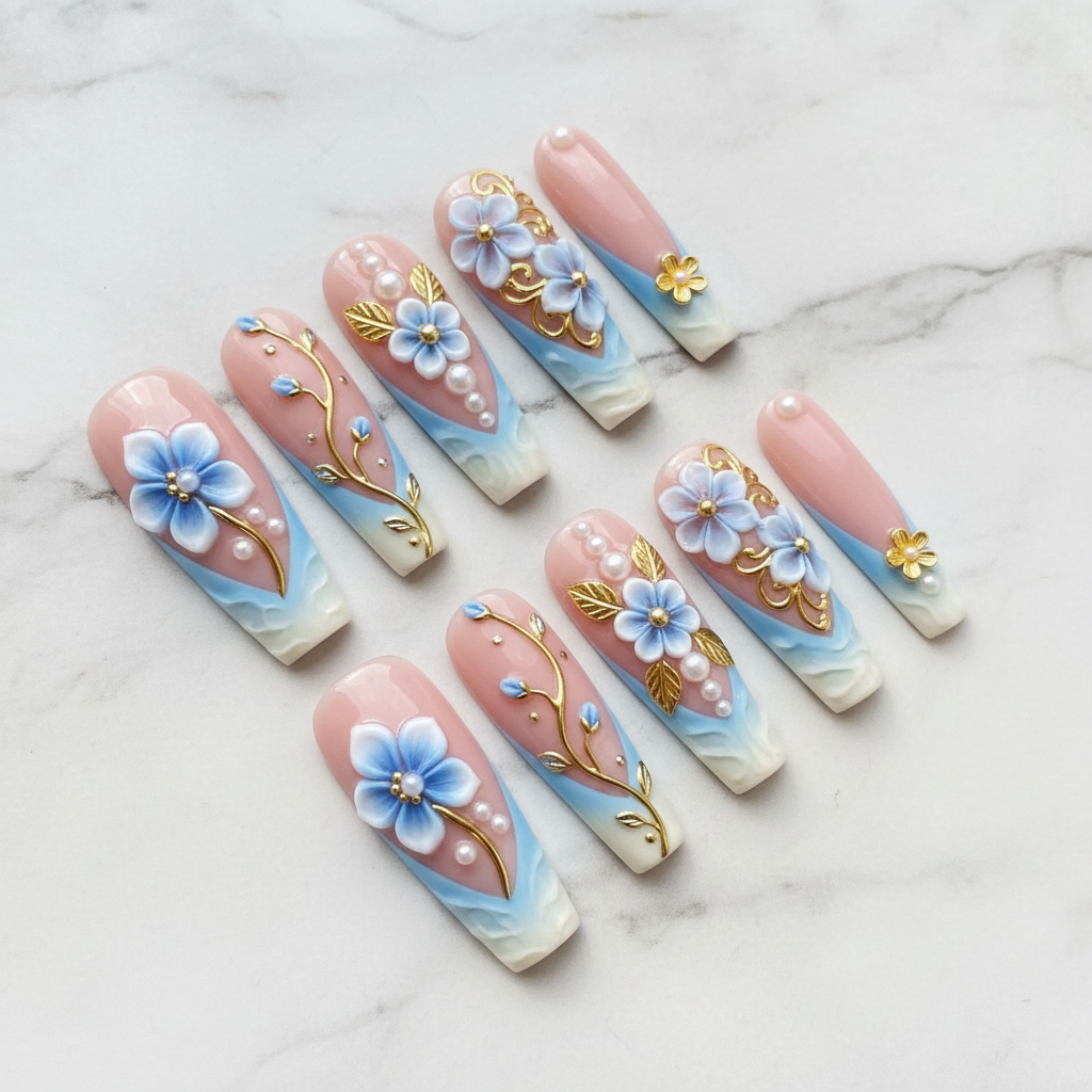 Blue 3D floral gold leaf pearl coffin press-on nails hero shot white marble studio custom press-on nails — LuxepressCo