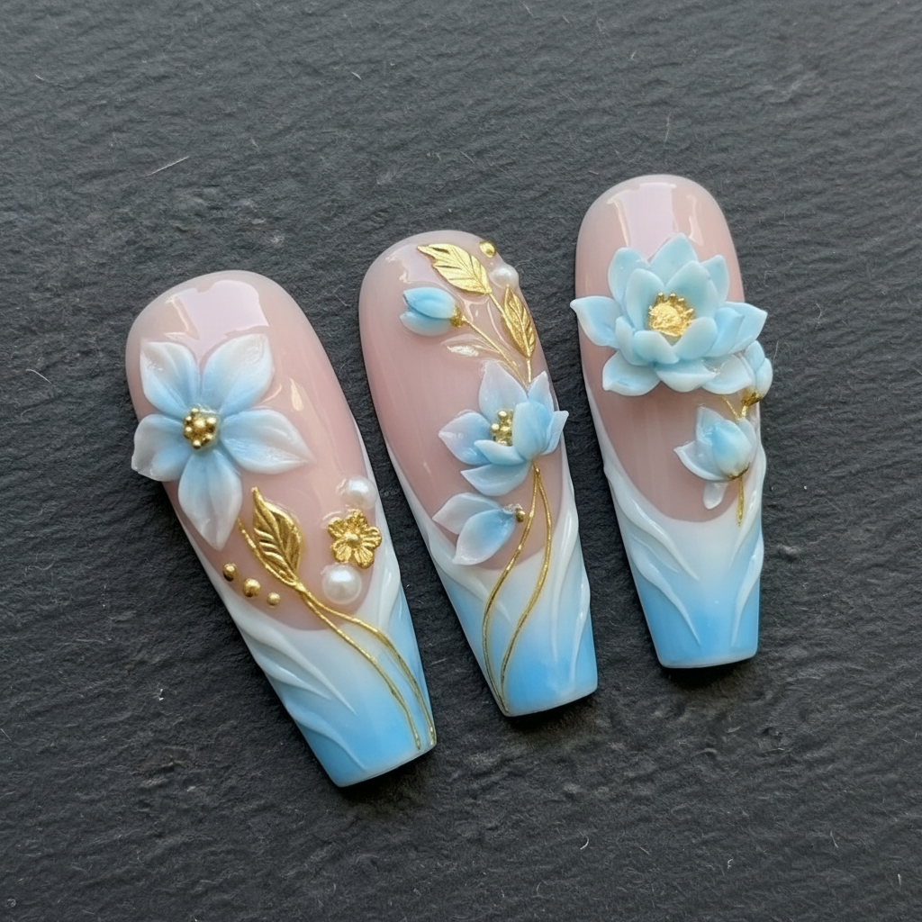 Macro close-up 3D blue floral pearl gold vine press-on nails dramatic lighting custom press-on nails — LuxepressCo