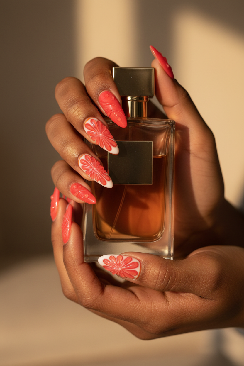 Dark skin hands wearing red orange citrus custom press-on nails holding perfume bottle — LuxepressCo