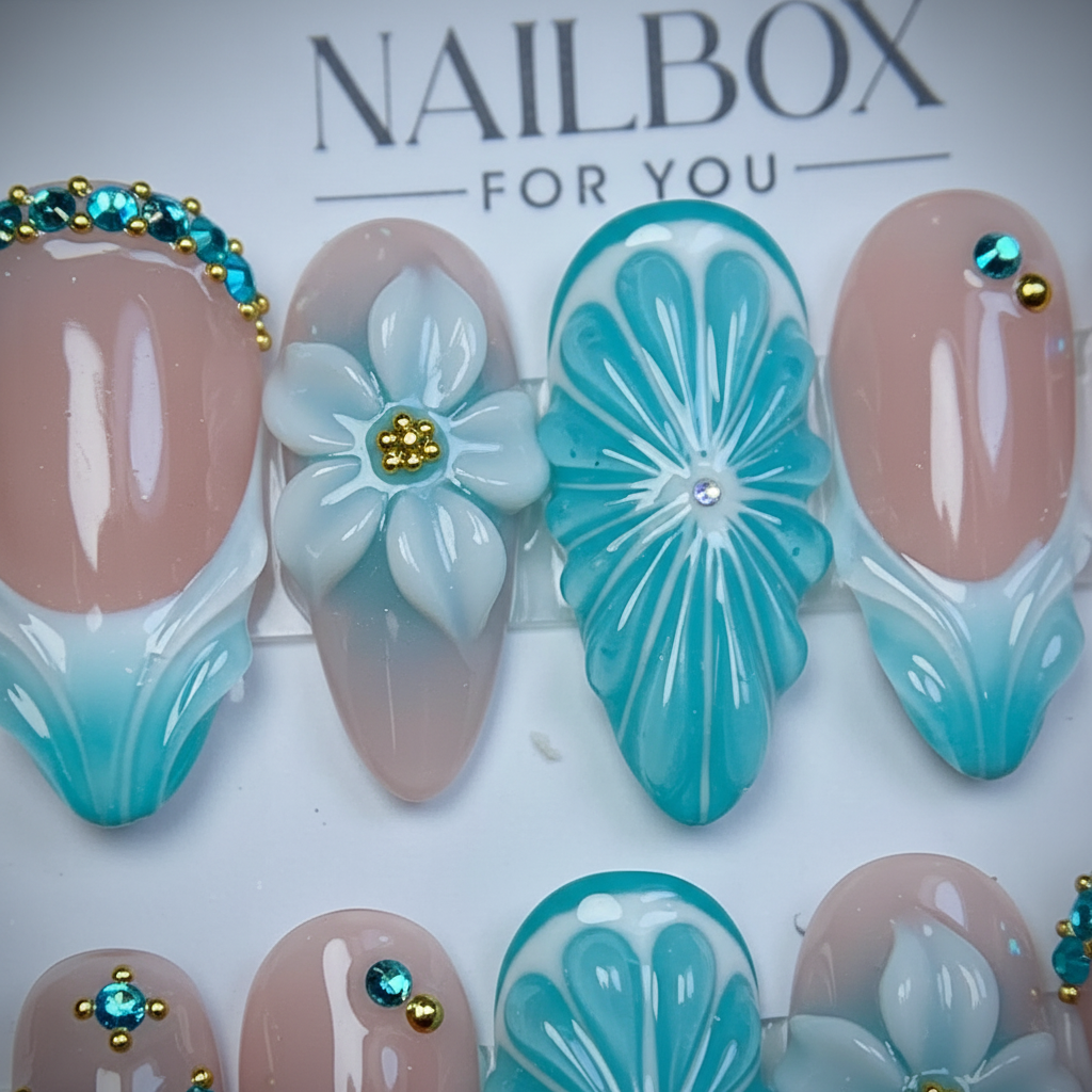 Macro close-up 3D teal flower gel nail art with gold rhinestone caviar beads nude French tip — LuxepressCo