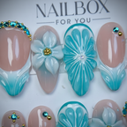 Macro close-up 3D teal flower gel nail art with gold rhinestone caviar beads nude French tip — LuxepressCo
