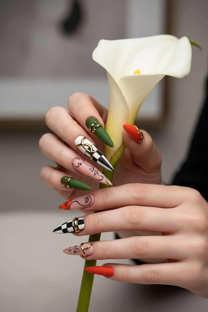 Fair-skin lifestyle checkerboard abstract face gold charm custom press-on nails stiletto holding calla lily — LuxepressCo
