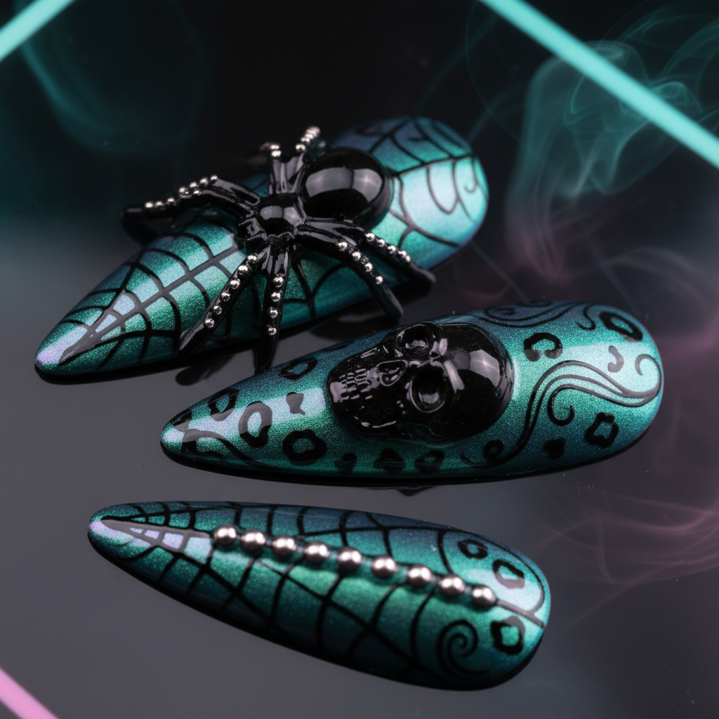Macro close-up teal chrome 3D spider gothic web skull custom press-on nails detail — LuxepressCo