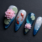Macro close-up 3D pink lotus flower koi fish nail art custom press-on nails dramatic lighting — LuxepressCo