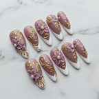 Full set 10 3D floral baroque custom press-on nails purple gold pearl on marble — LuxepressCo