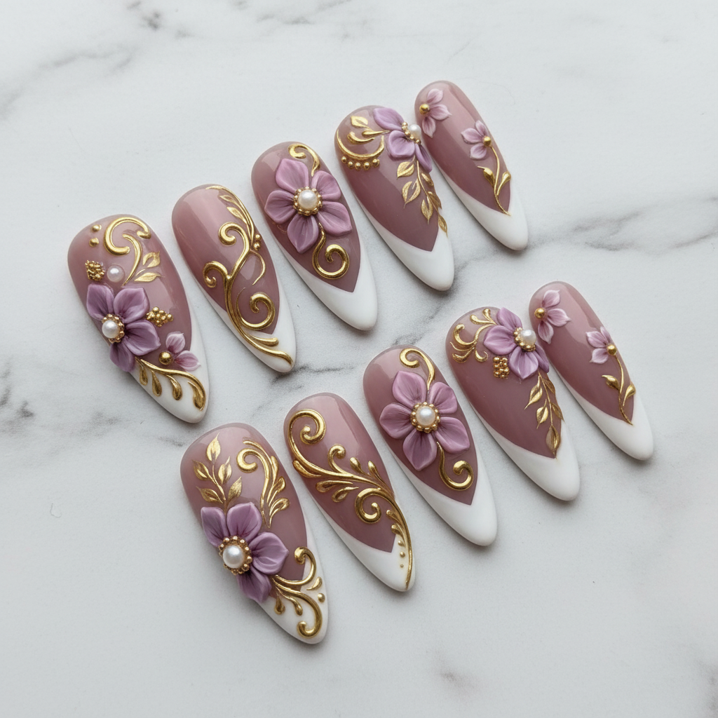 Full set 10 3D floral baroque custom press-on nails purple gold pearl on marble — LuxepressCo