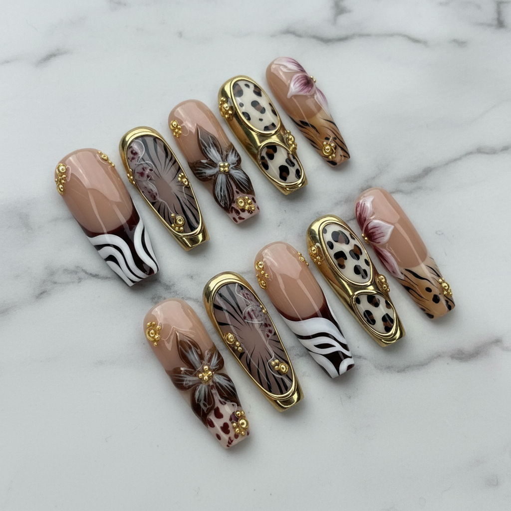 Full set 10 nude gold 3D frame leopard zebra floral square press-on nails marble background custom press-on nails — LuxepressCo